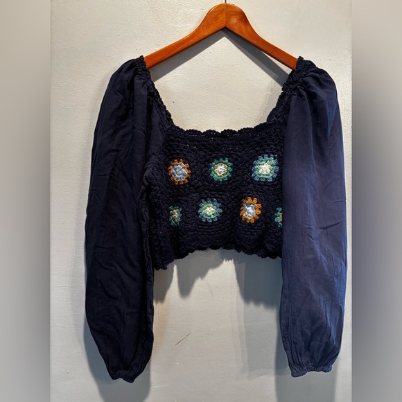 Aerie Navy Crochet Floral Women's Top large cottage core boho euro summer - Picture 4 of 10